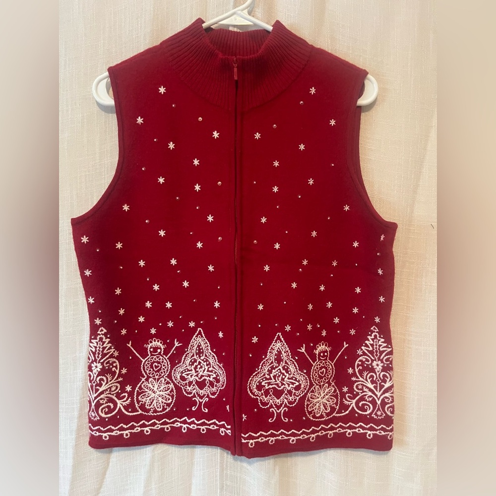 Talbots Merino Wool Holiday Sweater Vest Snowman Embroidered Red Medium